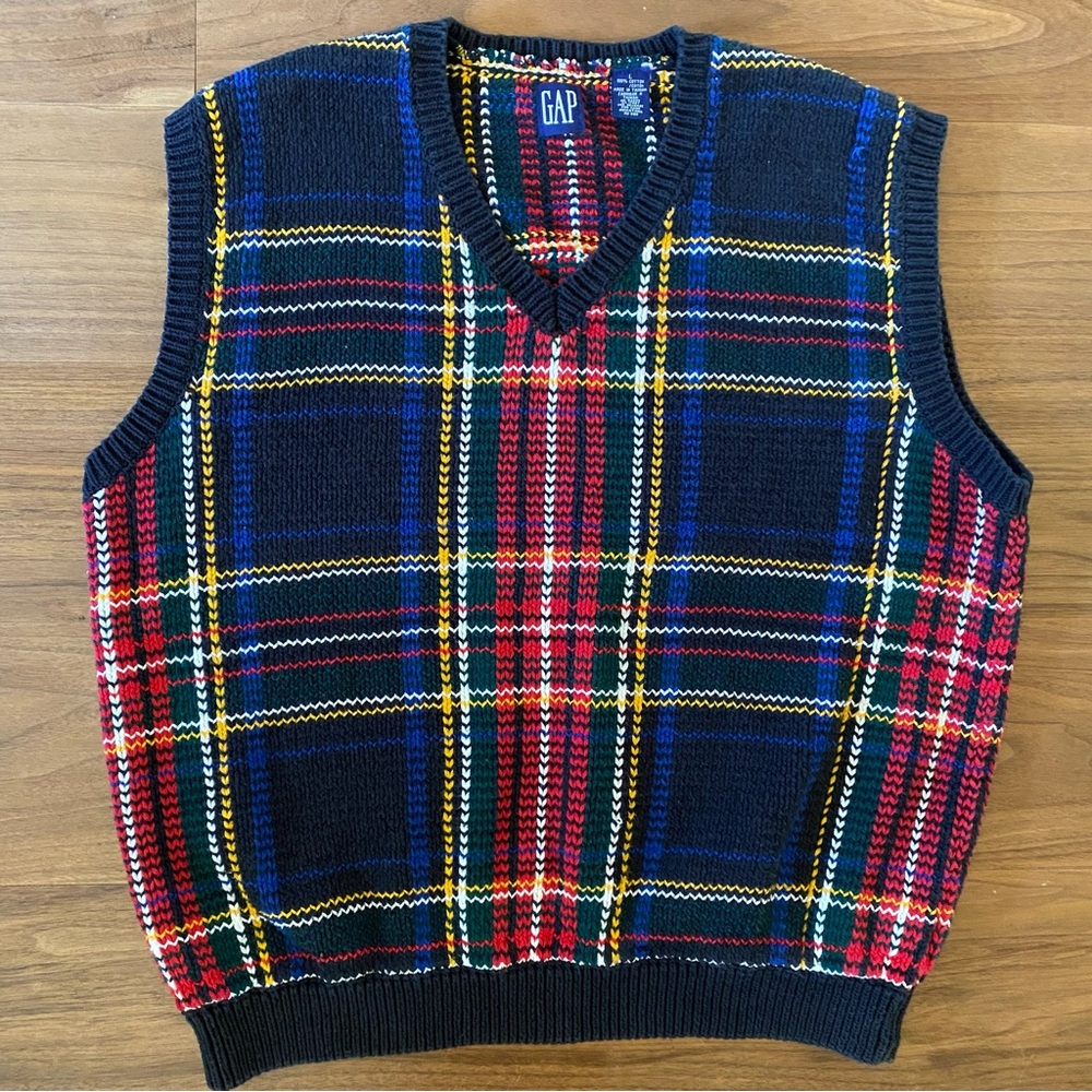 GAP Men's V-Neck Plaid Sweater Vest - Blue and Red XL
